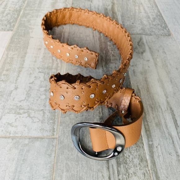 Vintage Genuine Leather Camel Metal Studded Bezel Round Crystals Stitched Belt - Picture 1 of 13